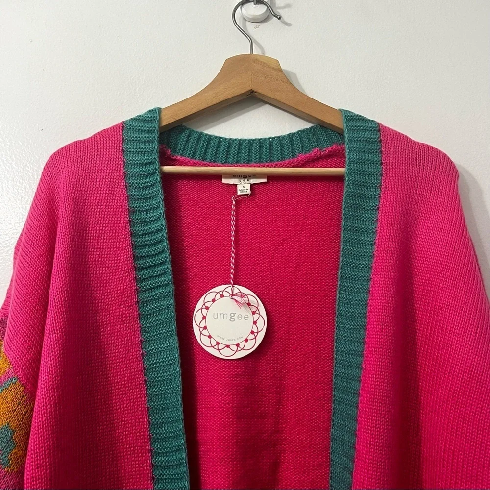 Umgee S Open Front Cardigan Duster Oversized 90s Retro Animal Print Pink Teal